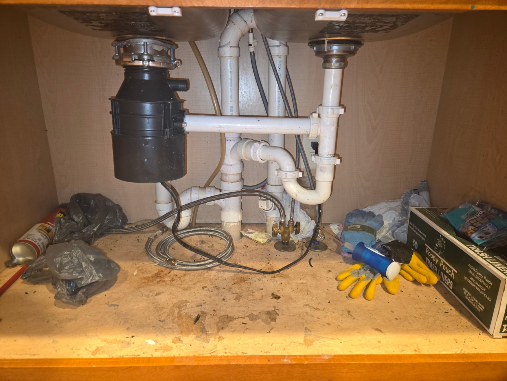 Under-sink drain lines and garbage disposal before drain cleaning